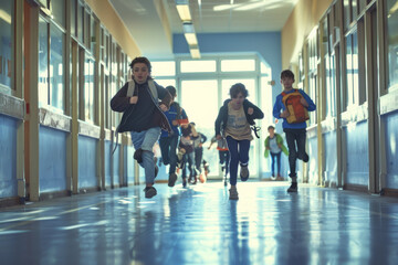 Children excitedly running down a school hallway, portraying the energy and eagerness of young students.
