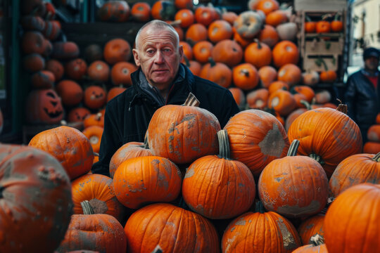 A man stands behind a carved Halloween pumpkin amidst a sea of pumpkins in a sunny pumpkin patch.