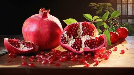 Cut fresh pomegranate and green leaves on wooden table. Neural network ai generated art