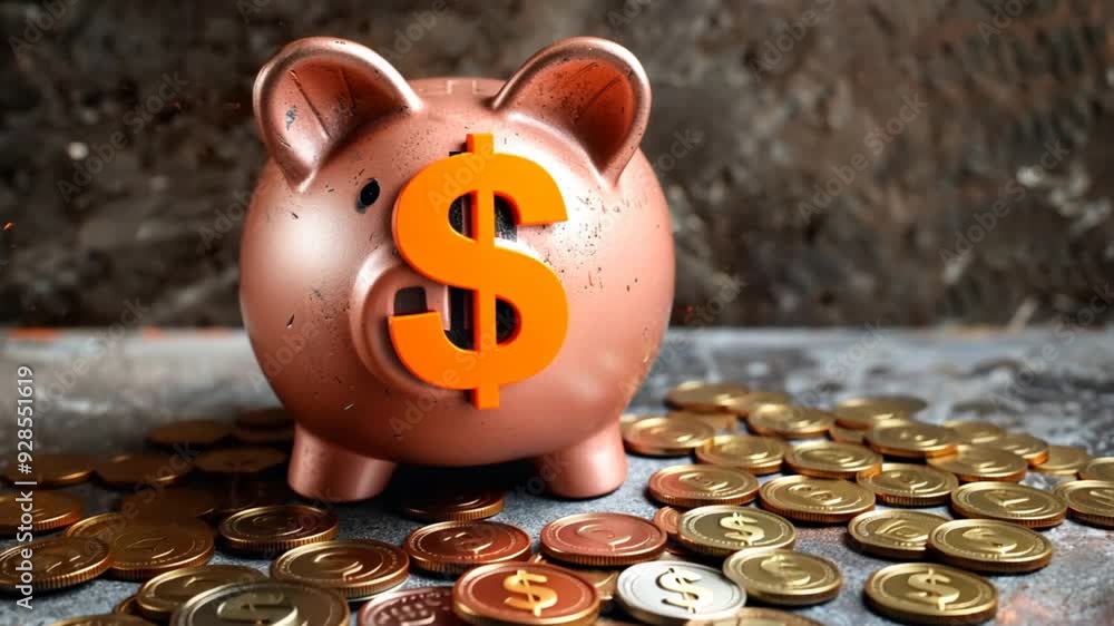 Poster a piggy bank with a dollar sign on it and a pile of coins on the ground