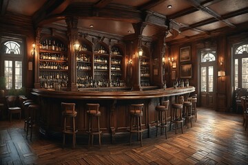 Old-World Pub Interior with Bar and Stools