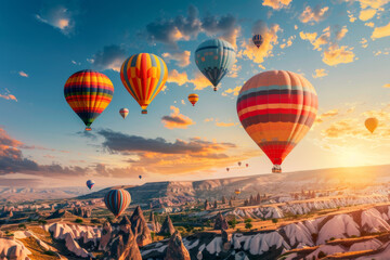 Fototapeta premium Colorful hot air balloons floating over Cappadocia’s unique landscape at sunrise, showcasing the beauty of travel.