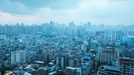 Fototapeta premium A panoramic view of a densely populated urban landscape under a cloudy sky.