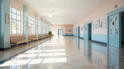 Long School Corridor With Pastel Walls and Benches Reflective Floor Daylight Through Large Windows