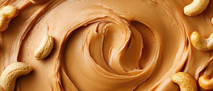 Close-up of creamy peanut butter swirls with scattered peanuts, showcasing the texture and color contrast in an extreme close-up shot.