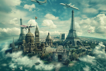 Fototapeta premium A surreal travel collage showcasing iconic landmarks from around the world, including the Eiffel Tower and Big Ben, with planes and hot air balloons in the sky.
