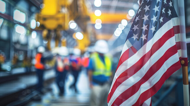 Close-up of an American flag waving in the wind with blurred factory workers in the background celebrating Labor Day.