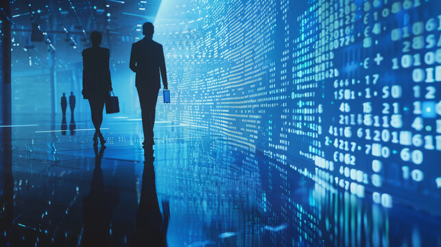 Businesspeople silhouettes against a backdrop of AI algorithms