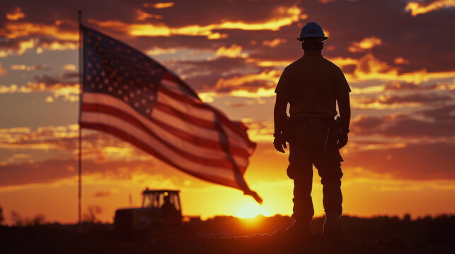 Construction worker silhouette against sunset, American flag, Labor Day