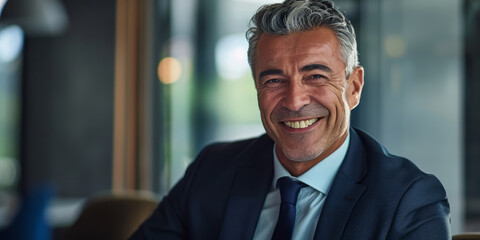 Fototapeta premium Mature professional in a suit and tie, grinning widely while.