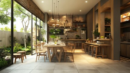 Fototapeta premium Modern dining room with wooden furniture and large window overlooking a green garden.