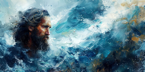 Watercolor portrait of Jesus calming the storm, serene expression, turbulent sea in the background, calming colors.