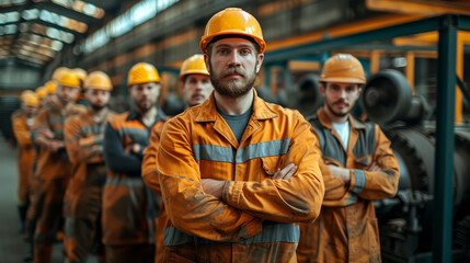 A group of factory workers in uniform, standing in a factory, all smiling.