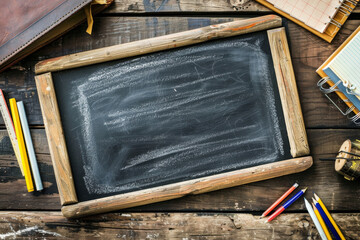 Empty black chalkboard surrounded by colorful pencils, notebooks, and an apple on a wooden table.