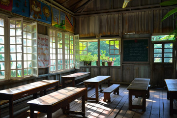 Fototapeta premium A spacious, rustic classroom with wooden tables and benches, large windows, and exposed beams on the ceiling.