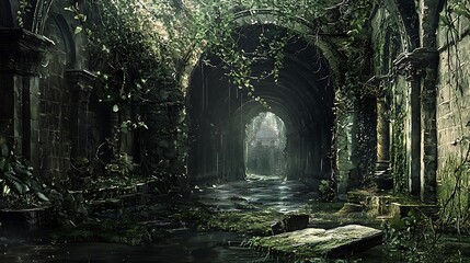 Obraz premium A hidden subterranean city with crumbling archways and statues