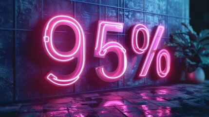 Neon 95 Percent Sign on Wet Urban Street with Reflections
