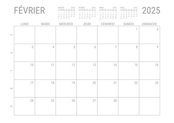 Calendrier Février 2025 Mensual Planificateur avec Numero de Semaine à imprimer A4	