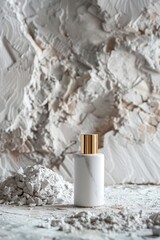 bottle of perfume with spray on light stone stage.