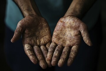 Fototapeta premium Infected hands. Hand and mouth disease. Allergic. Viral diseases. Red rashes on the palms. Enterovirus. Coxsackie virus.