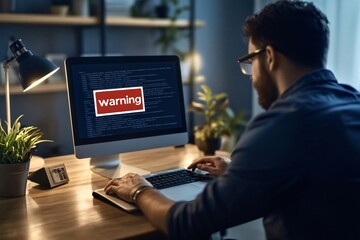 Programmer working late at night is receiving a warning message on his computer screen