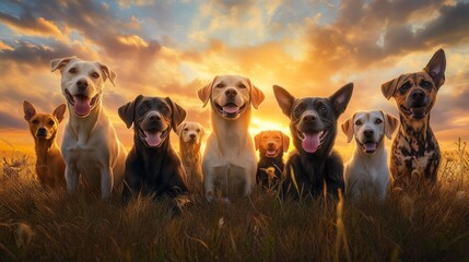 Dogs posing together in a field during sunset with vibrant clouds in the background