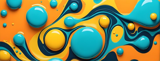 Abstract wallpaper with colorful turquoise and yellow blobs and liquid shapes on a orange background