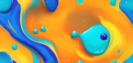 Abstract wallpaper with colorful turquoise and yellow blobs and liquid shapes on a orange background