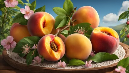 Display a mix of ripe peaches with fuzzy skins, possibly with some leaves or blossoms.