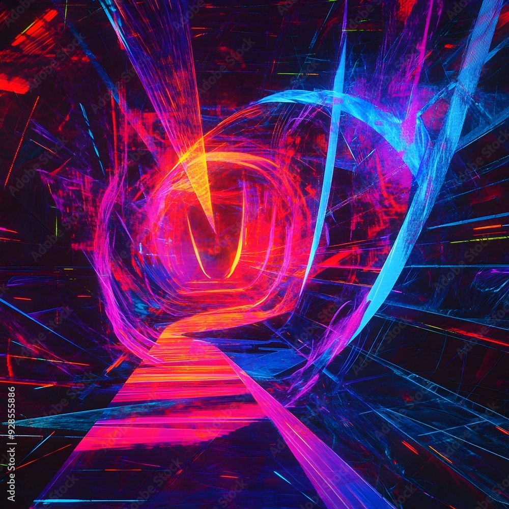 Poster mesmerizing cyberpunk inspired kaleidoscopic landscape of luminous abstract shapes and lines