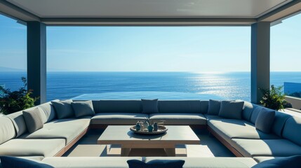 Fototapeta premium Luxurious outdoor seating with ocean view, bright lighting, perfect angle for detailed capture