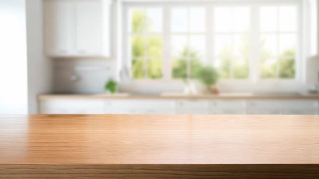 sliding past empty brown wooden counter on blurred white home kitchen interior background