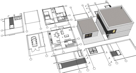 house architectural project sketch 3d illustration	
