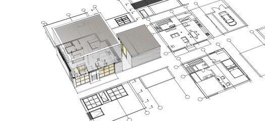 house architectural project sketch 3d illustration	
