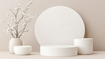 A serene podium setup features wooden and stone materials, illuminated by natural light, surrounded by vibrant plants on a calming beige backdrop