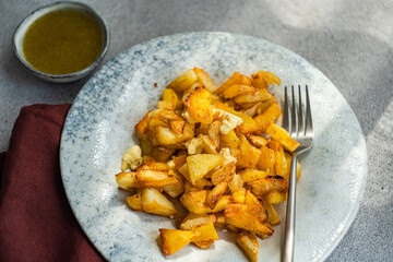 Fried potato slices with sour sauce