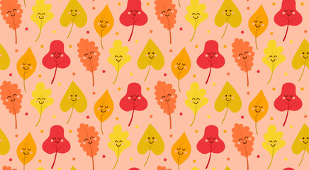 Cute kawaii autumn leaf seamless pattern. Vector cartoon illustration.