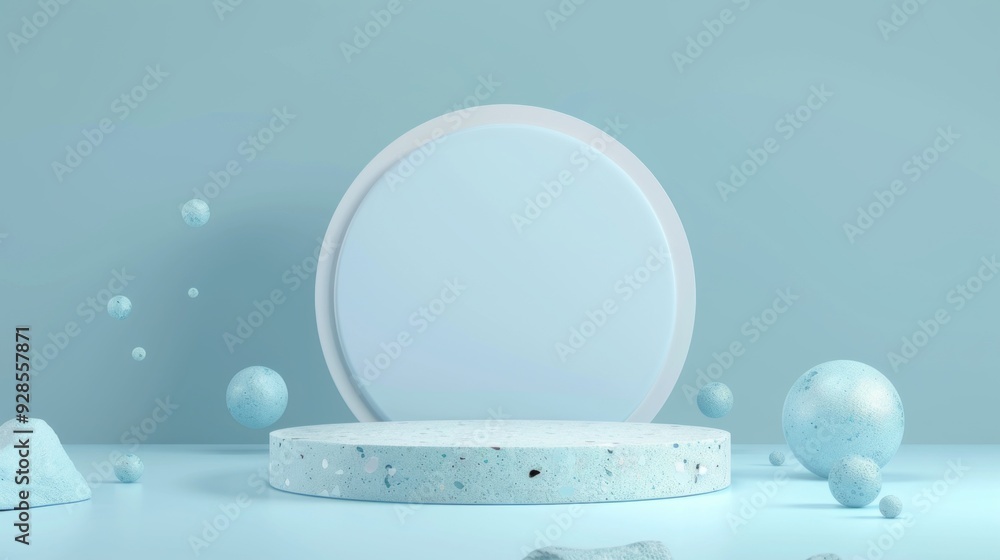 Poster a light blue terrazzo podium stands in a minimalist space, surrounded by abstract spheres, creating 