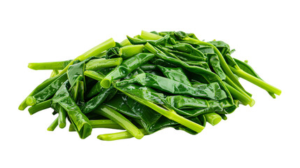Just-picked chinese water spinach, also called morning glory, shown against a clear background to showcase its bright green hue and crispness