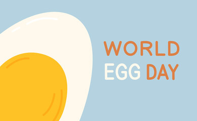 World egg day banner with boiled egg. Flat vector illustration on blue background
