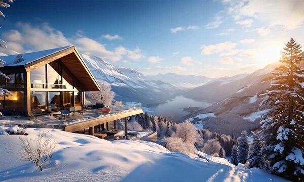 A luxurious modern chalet nestled in snow-covered mountains, featuring large glass windows, a wooden exterior, and expansive views of a serene lake and forested hills