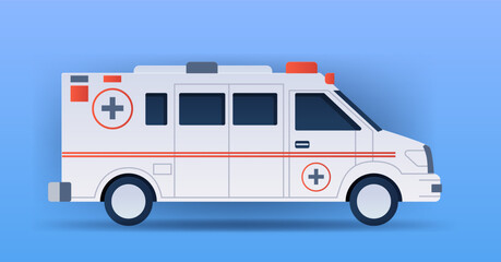 Ambulance vehicle emergency medical service papercut style. Detailed side view of white ambulance with red cross and stripes on blue gradient background © mast3r