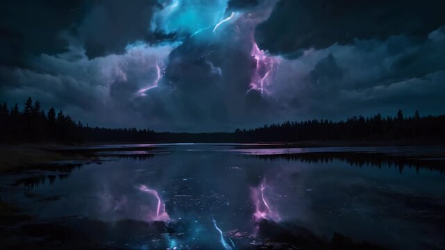 photography of The clouds shone with the terrifying light of lightning in scary planet The black lake reflects like a mirror
