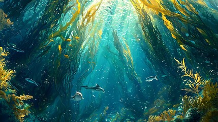 A bustling kelp forest with diverse marine creatures