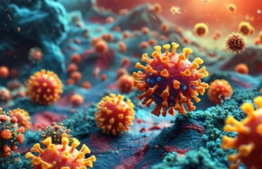 Fototapeta premium Close-up of small yellow and orange virus clusters