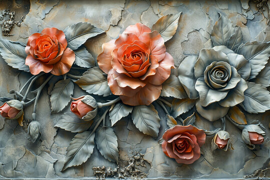Elegant floral bas relief on textured wall created with generative AI technology