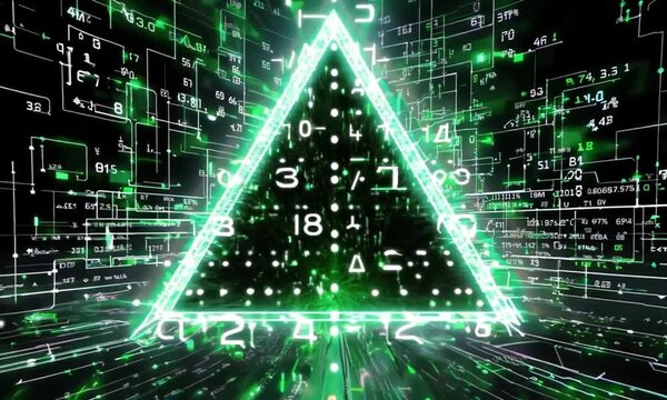 Futuristic digital pyramid with glowing green lines and complex data, symbols, and numbers surrounding it on a black background
