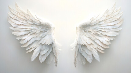 Elegant symmetrical white wings with detailed feathers, perfect for designs involving purity, divinity, or fantasy concepts, ideal for spiritual or decorative use