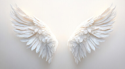 Elegant symmetrical white wings with detailed feathers, perfect for designs involving purity, divinity, or fantasy concepts, ideal for spiritual or decorative use