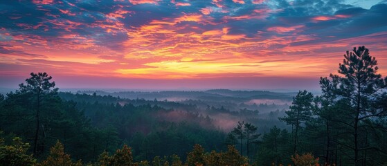 Obraz premium Peaceful Sunrise: Pastel-Colored Clouds Floating over Lush Forest Canopy